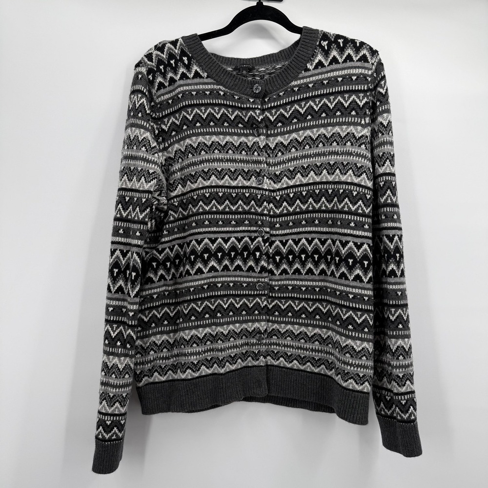 Talbots Cardigan‎ Sweater Womens XL Gray Fair Isle Lambswool Beaded Knit